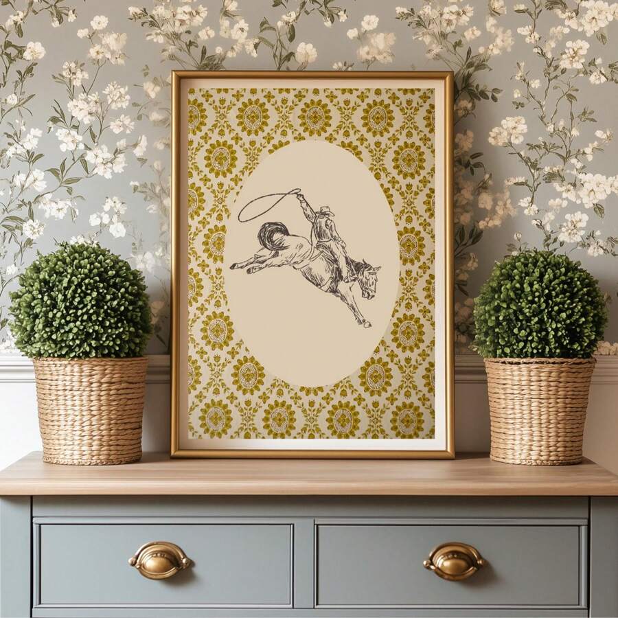 1pc Vintage Cowboy Wall Art Picture Nancy Meyers Style Prints Canvas Paintings Cowboy Poster Cottagecore Decor For Bedroom, Living Room, Or Farmhouse Wall Decor Gift For Her No Framed Or Framed - Multicolor - View 1