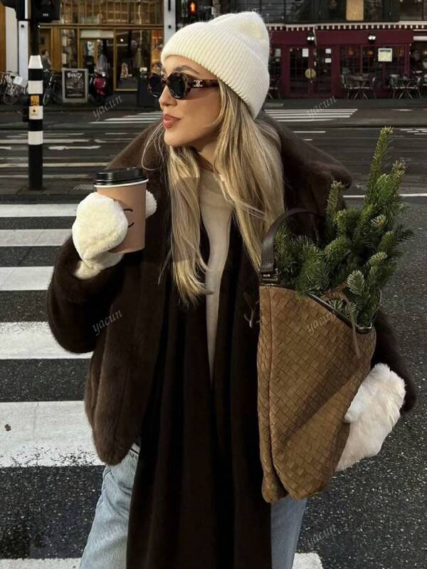 Women's Fashionable Warm Faux Fur Collar Double Pocket Coat, Winter