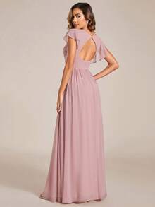 EVERPRETTY Spring Short Sleeve Ruched V-Neck Draped Asymmetric Chiffon Bridesmaid Dress, Pink