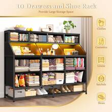 EnHomee Large Dresser With 10 Drawers & Shoe Rack & Acrylic Shelving Unit, Wide Dressers And Chests Of Drawers With Power Outlets And LED Lights Bedroom Dresser For Entryway, Halfway, Closet, Mother's Day Decor, Room Decor, Home Decor, Vintage Black Wood Grain - 查看 5