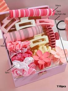 110pcs/Set Pink Fashion Hair Accessories Set, Including Flower & Geometric Plastic Hair Clips, Hair Ties, Scrunchies - Suitable For Women & Girls, Essential For Pink Lady Styling - Fit For Daily Matching & Parties - 2025 New Fashion