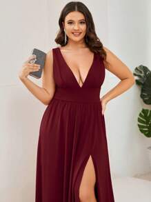 Plus Size Chiffon V Neck High Slit Sleeveless Empire Waist Formal Dress For Bridesmaid Wedding Party Spring - Burgundy - View 5