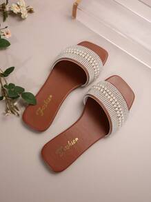 Women's One-Toe Strap Rhinestone Embellished Casual Sandals, Outdoor Plastic Flat Slippers - Brown - View 6
