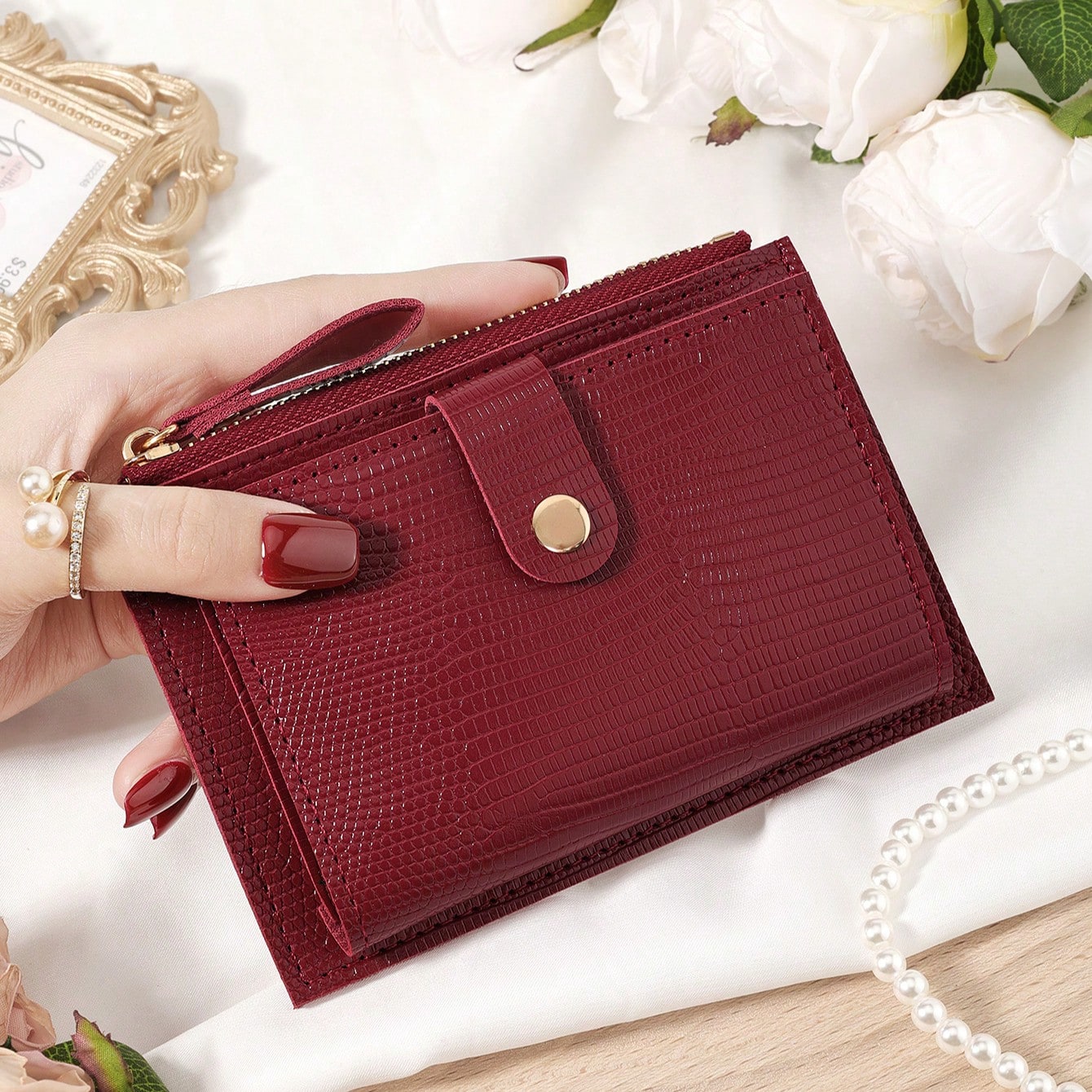 Burgundy Bag Charry Red Bag Wine Red Bag,Fashionable Burgundy Purse With Embossed Tactile Feel And Snap Closure - High-Quality Leather Women's Wallet With Multiple Card Slots, Zippered Coin Pocket, And Durable Scratch-Resistant Hardware