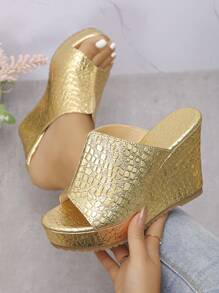 1 Pair Women's New Style Platform Wedge Slip-On Open Toe Sandals, Sexy Metal Color Stone Texture Leather Upper, Lightweight Anti-Slip Fashion Versatile,Spring Summer Outfits - Gold - View 2
