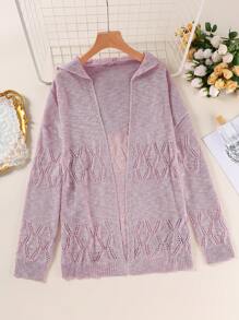 Plus Size Women Solid Color Dropped Shoulder Long Sleeve Hollow Hooded Thin Cardigan - Mauve Purple - View 1