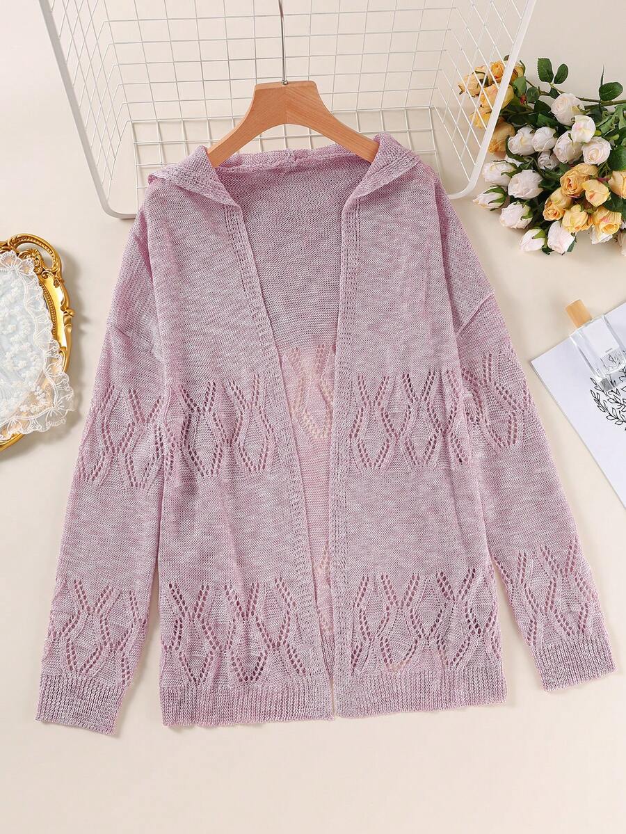 Plus Size Women Solid Color Dropped Shoulder Long Sleeve Hollow Hooded Thin Cardigan - Mauve Purple - View 1