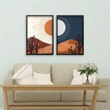 2pcs Sun And Moon Cactus Desert Landscape Wall Art Decor Modren Farmhouse Living Room Botanical Prints Bedroom Boho Multicolor MinimalNO Frame