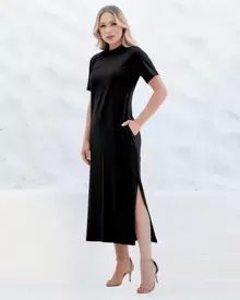 Cotton Midi Dress With SleevesSimpleCasualElegantKnitSplitPocketSide SlitStreetHome - màu đen - Xem 1