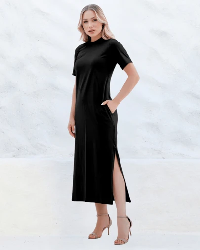Vestido Algodão Midi ManguinhaSimplesCasualeleganteMalhaDivididoBolsoAbertura lateralRuaCasa