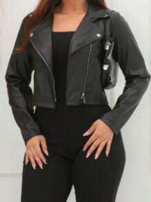 Jaqueta Couro Feminina Jaqueta Cropped Couro FakeMotocicletaFestaeleganteSensualCasualCouro PUZíper