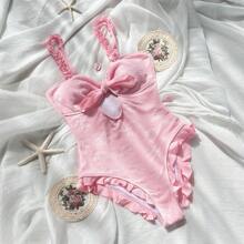 Costume da bagno intero da donna in stile romantico primaverile, in tessuto jacquard rosa, con spesse spalline e design con aperture sulla scollatura