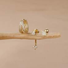 3 pièces Ensemble de boucles d'oreilles créoles en acier inoxydable pour femmes, plaqué or 18 carats, boucles d'oreilles rondes Huggie avec zirconium en forme d'étoile, bijoux de mariage