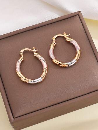 2pcs Fashionable Colorful Hoop Earrings, Copper Tone, Suitable For Women's Daily, Party Wear And Holiday Gifts