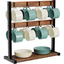 Freestanding Entryway Organizer With 16 Hooks, Vintage Industrial Coat & Hat Rack With Bottom Shelf, Metal & Wood Grain Storage Stand For Hallway, Christmas New Year Gift - Multicolor - View 7