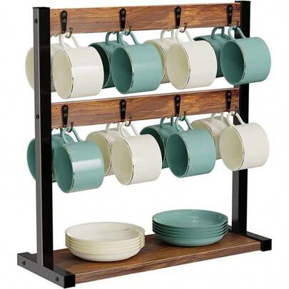 Coffee Mug Rack Metal Black Vintage Cup Holder Stand Storage Base With 16 Hooks