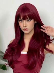 Long Curly Red Wig With Bangs - Elegant Style, Women'S Rose Net Cap, High Temperature Fiber Hair Material For Daily Party Cosplay Color Wig - Red - View 2