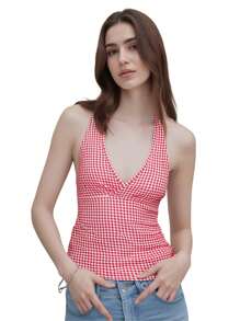 Women Tank Tops Plaid/Dot Print V-Neck Halter Neck Vests Summer Sleeveless Tops Streetwear - Red - View 1