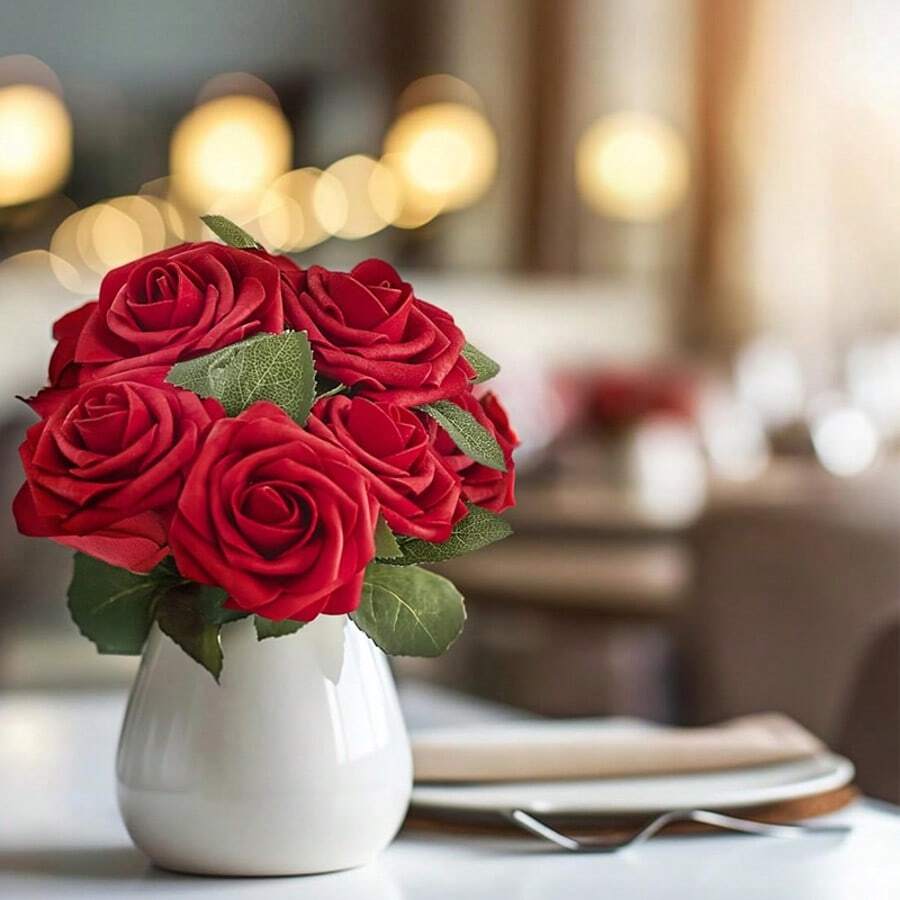 25 pièces de fleurs artificielles, roses en mousse d'ivoire factices à l'aspect naturel avec tiges pour bouquets de mariage DIY, centres de table pour la douche de mariée, arrangements, décorations de tables de fête, décoration florale pour la maison