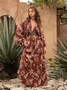 Faeriesty Vestido bohemio casual de resort con estampado floral y ajuste relajado - Perfecto para vacaciones en la playa, viajes de camping y uso casual diario (cinturón no incluido), esenciales de vacaciones - Café integral - Ver 8