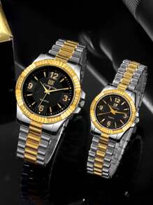 2pcs Fashionable & Versatile Round Steel Band Couple Quartz Watches For Men And Women