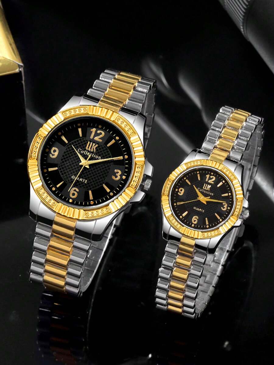 2pcs Fashionable & Versatile Round Steel Band Couple Quartz Watches For Men And Women
