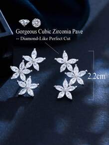 1 对精致花朵耳钉，镀银马眼形切割方晶锆石首饰，对称设计女士新娘配饰，适合婚礼、订婚派对、舞会 - 白色 - 查看 6