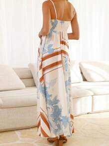 Women's Long Cami Dress Stripe/Dot Print Spaghetti Strap Backless A-Line Flowy Dress - Màu xanh lam - Xem 10