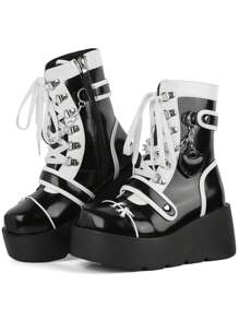 Goth Punk Women's Chain Platform Boots Platform Wedge Ankle Boots Goth Patent Lace Up Boot Chain Strappy Booties Lace Up&Zipper Combat Boots