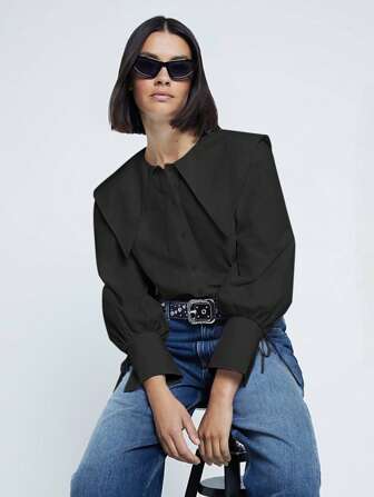 ELVA 女士尖领纯色前扣长袖简约日常休闲衬衫