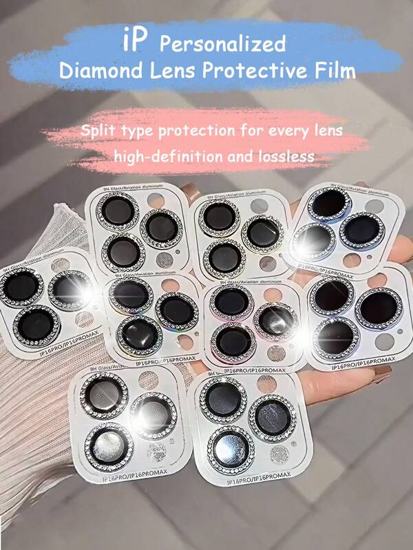 1pack Silver Rhinestone Camera Lens Protector Film, Personalized, Waterproof, Dustproof, Shockproof, Scratch-Resistant, Shock-Resistant, Residue-Free, Compatible With IPhone11/12/13/14/15/16/16Pro/16Plus/16Pro Max/16e/17promax