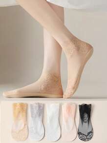 1-5 Pairs Women Breathable Thin Solid Color Lace Trim Invisible Short Socks - Multicolor - View 1