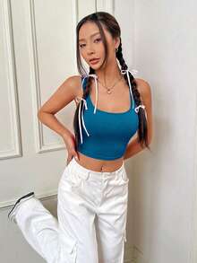 Conjunto de 2 piezas de top sin mangas de color rosa azul sólido, camiseta corta acanalada de verano versátil y casual para llevar por debajo