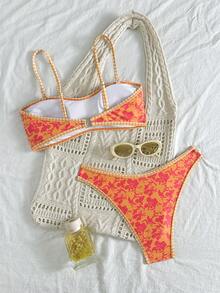 两件套女士印花泳衣，带可拆卸肩带和胸垫比基尼套装，适合海岛度假和摄影 - 彩色 - 查看 2