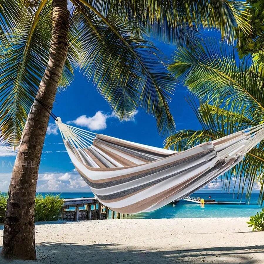 帆布单人吊床，户外露营，室内/户外成人秋千，厚条纹吊床，露营吊床，PHYSEN 户外悬挂吊床可容纳 2 人，承重 440 磅，便携式，尼龙面料超轻吊床，适合旅行、海滩、花园 - 查看 1