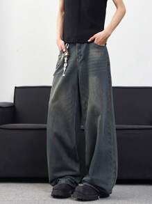 1 件装街头潮流休闲百搭宽松破洞男式牛仔阔腿牛仔裤