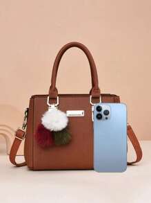 Bolso de mano de mujer de color liso con decoración de bola de felpa, de gran capacidad y de varios niveles, adecuado para citas y trabajo - Marrón - Ver 5