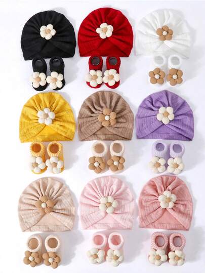 Set de 2 piezas de gorro y calcetines de princesa con diseño floral para bebé/niño pequeño, de material amigable con la piel, accesorios para infantes disponibles en varios colores, conjunto lindo de gorro y calcetines para uso casual diario