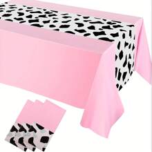 Disposable Plastic Tablecloth With Cow Print, 53.94 X 107.87 Inches, Rectangular Pink Elegant Party Tablecloth, Cowgirl Birthday Theme Decor, Machine Woven - Black And White Design - Pink - View 1