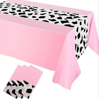 Mantel desechable de plástico con estampado de vaca, de 53.94 X 107.87 pulgadas, mantel rectangular rosa elegante para fiestas, decoración temática de cumpleaños vaquera, de diseño tejido a máquina en blanco y negro