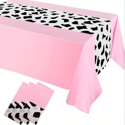 Mantel desechable de plástico con estampado de vaca, de 53.94 X 107.87 pulgadas, mantel rectangular rosa elegante para fiestas, decoración temática de cumpleaños vaquera, de diseño tejido a máquina en blanco y negro