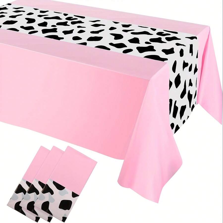 Disposable Plastic Tablecloth With Cow Print, 53.94 X 107.87 Inches, Rectangular Pink Elegant Party Tablecloth, Cowgirl Birthday Theme Decor, Machine Woven - Black And White Design - Pink - View 1