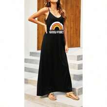 Vestido largo casual de verano con cuello en V, sin mangas, de estilo bohemio, con tirantes finos, floral y con bolsillos - Negro - Ver 3