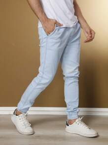 Men's Jogger Pants Twill With Elastic Waist Cuffs - 淺藍色 - 查看 3