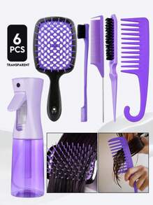 Bộ dụng cụ tạo kiểu tóc xoăn 6/14 món, bao gồm: Lược duỗi tóc, lược răng rỗng, bình xịt, cọ gội đầu, lược răng thưa có móc, lược tạo độ phồng, lược đuôi nhọn, lược chải viền tóc (dành cho viền tóc thô/mịn và tạo kiểu phía sau), phù hợp với các dụng cụ tạo kiểu tóc xoăn tự nhiên và nhiều phụ kiện tóc khác. Sản phẩm thiết yếu cho tiệm làm tóc, salon, du lịch, chăm sóc tóc, phụ kiện tóc. - Đen + Tím - Xem 4