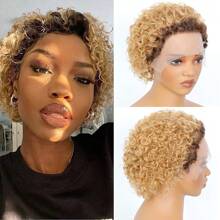 Pixie Cut Curly Human Hair Wigs Ginger 350 Short Curly Lace Front Human Hair Wigs For Women 6 Inch 13x1 Transparent Lace Frontal Wigs Water Wave Dark Rooted To Ginger Orange Color - T4/27 - 查看 2