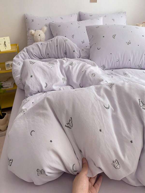 Juego de ropa de cama de 4 piezas: 1 Edredón, 1 Sábana, 2 Fundas de almohada (sin relleno), Juego de ropa de cama de algodón suave con estampado de estrellas y lunas, apto para todas las estaciones, lavable a máquina