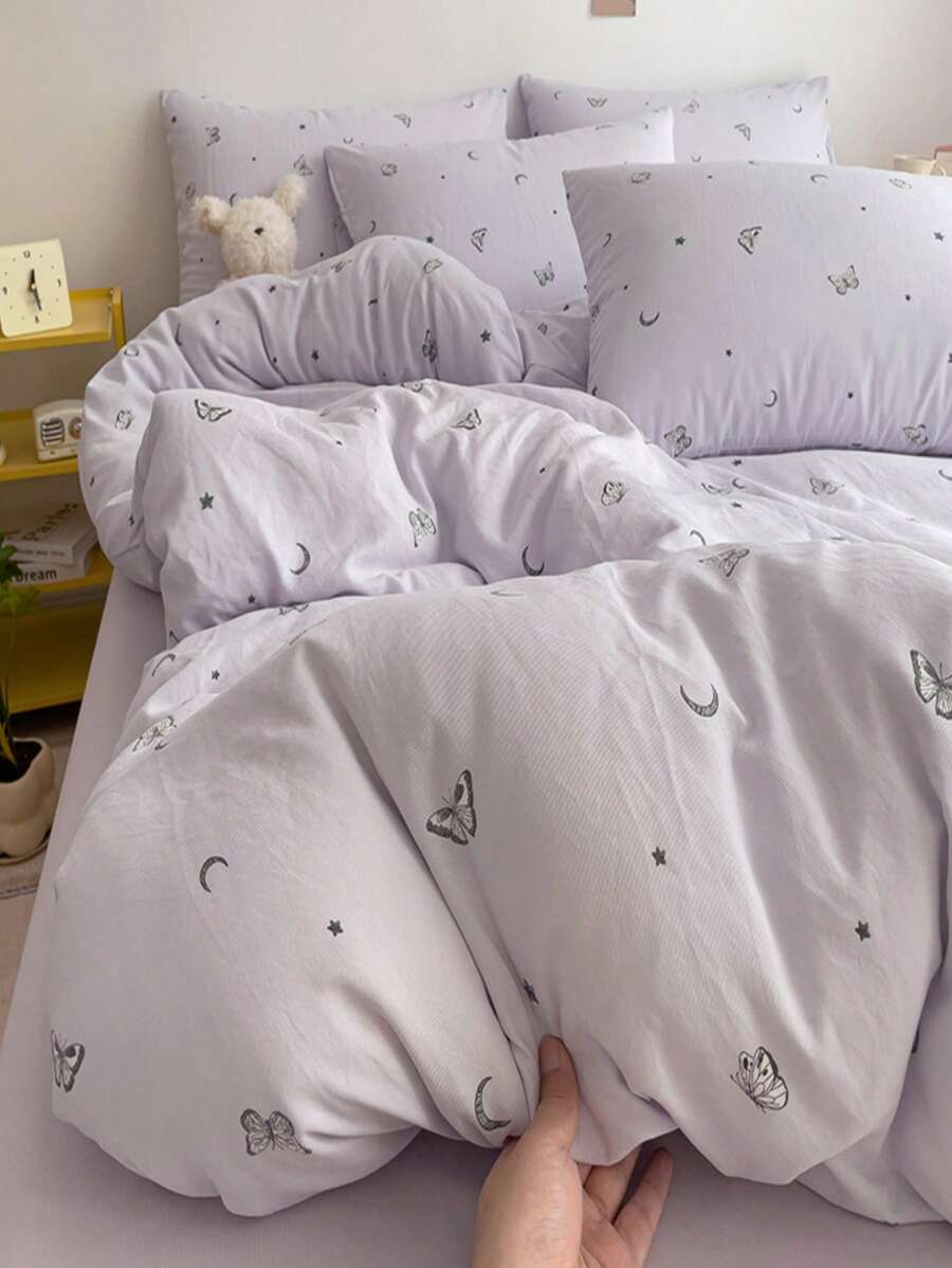 4 件套：1 个羽绒被套、1 个床单、2 个枕套（无枕芯）、带星星和月亮图案的柔软棉质针织床上用品套装，适合所有季节，可机洗 - 紫色 - 查看 1