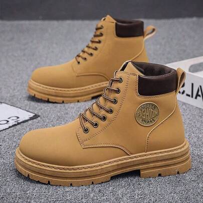 Go With Jacket, Men's High Top Lace-Up Boots, Round Toe, Anti-Slip Cargo Boots, Outdoor Desert Combat Boots, Motorcycle Leather Boots, Match With Jeans