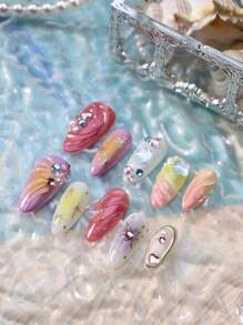 Get Romantic With 10pcs Almond Handmade Summer Beach Coral Pink Miss Mermaid Boho Princess Fake Nail Set Vanity Colorful Star Gradient Yellow 3d Three-Dimensional Decoration Mermaid Pearl Y2K European Style Full Cover Acrylic Press On Nails Kit For Women And Girls With 1pc Mini Nail File & 1 Sheet Adhesive Tabs